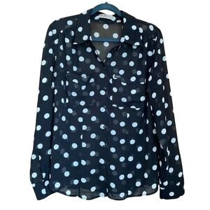 Guess Women's M Vintage Sheer Top Black White Polka Dots Button Up Long Sleeve